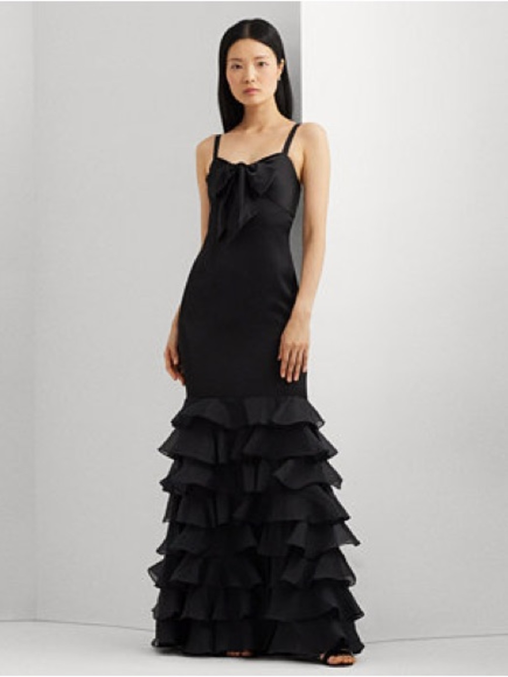 Ralph Lauren Black Ruffle-Hem Satin Slip Dress with Bow Detail